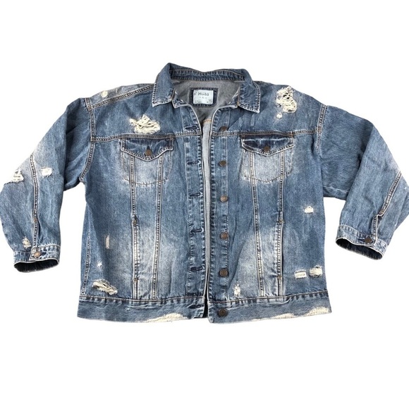 Mudd Oversized Distressed Denim Jacket with Rips and Holes - Picture 1 of 8